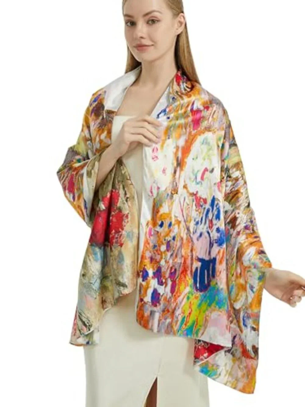 Floral Print Long Scarf Lightweight Silk Feeling Shawl Double-Sided